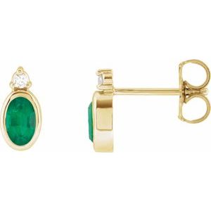 Yellow Gold Oval Lab-Grown Emerald and Diamond Stud Earrings