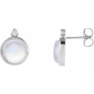 White Gold Natural Rainbow Moonstone and Diamond Bezel Stud Earrings