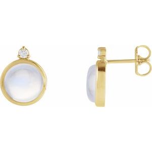 Yellow Gold Natural Rainbow Moonstone and Diamond Bezel Stud Earrings