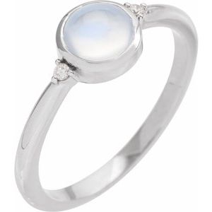 White Gold Natural Rainbow Moonstone and Diamond Bezel-Set Cabochon Ring
