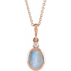 Rose Gold Natural Rainbow Moonstone and Diamond Cabochon Necklace