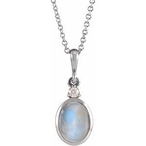 White Gold Natural Rainbow Moonstone and Diamond Cabochon Necklace