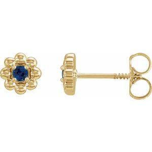 Yellow Gold September Natural Blue Sapphire Petite Flower Birthstone Stud Earrings