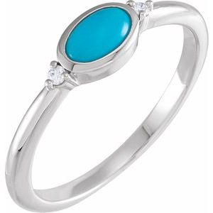 White Gold Natural Turquoise and Diamond Bezel-Set Cabochon Ring