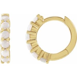 Yellow Gold Natural White Opal Cabochon Huggie Earrings