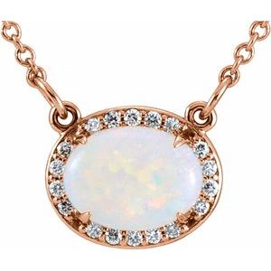 Rose Gold Natural White Opal and Diamond Halo Necklace