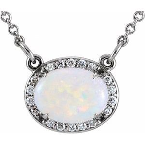 White Gold Natural White Opal and Diamond Halo Necklace
