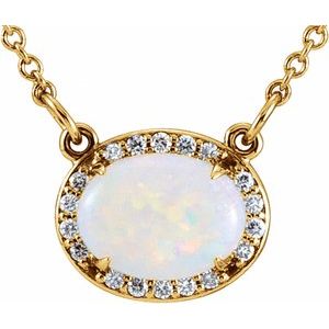 Yellow Gold Natural White Opal and Diamond Halo Necklace